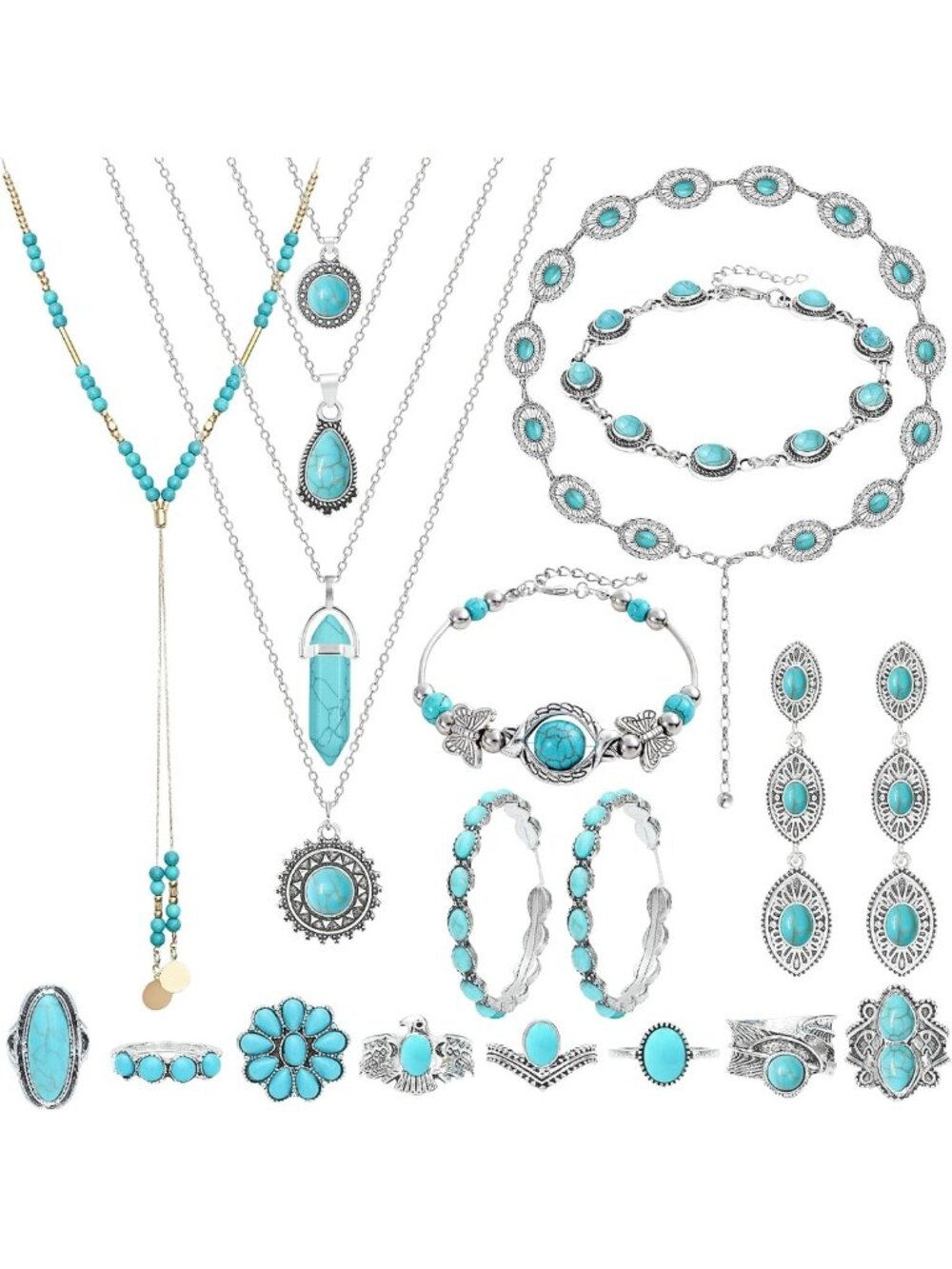 Bohemian Turquoise Jewelry Set - 20 Pcs Western Style Accessories for Women